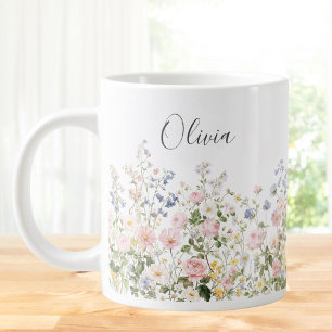 Grande Tasse Fleurs Florales Rose Bleu Aquarelle Monogramme 