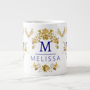 Grande Tasse Fleurs modernes papillons bleu & or monogrammed