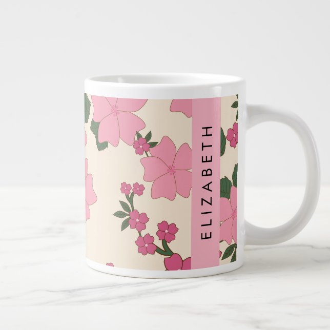 Grande Tasse Fleurs Roses, Motif De Fleurs, Votre Nom (Droite)