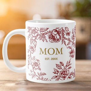 Grande Tasse Fleurs Vintage Toile De Jouy Rouge Fête Des Mères 