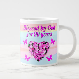 GRANDE TASSE FLORALE ROSE BÉNÉFICIÉE PAR DIEU 90E ANNIVERSAIRE 