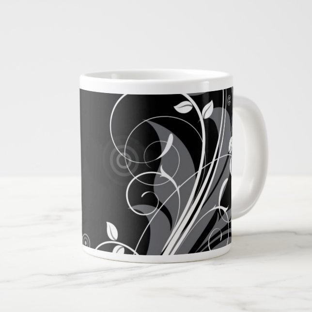 Grande Tasse Flore gris sur noir (Devant droit)