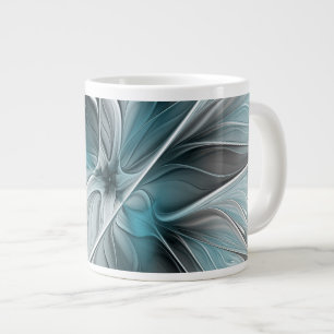 Grande Tasse Fractal Floral Moderne Abstrait Fleur Bleu Gris