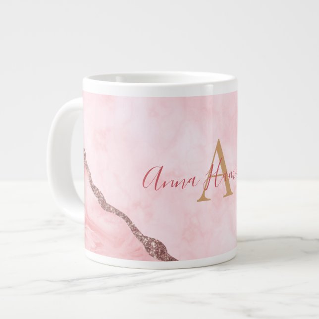Grande Tasse Géode moderne Blush Pink Or Agate Géode Monogramme (Devant gauche)