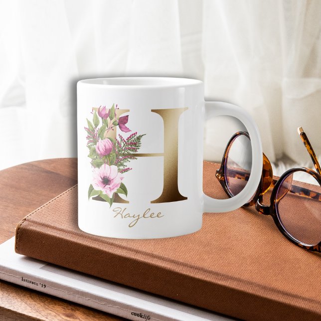 Grande Tasse H Lettre or Monogramme | Floral Magenta rose (Créateur téléchargé)