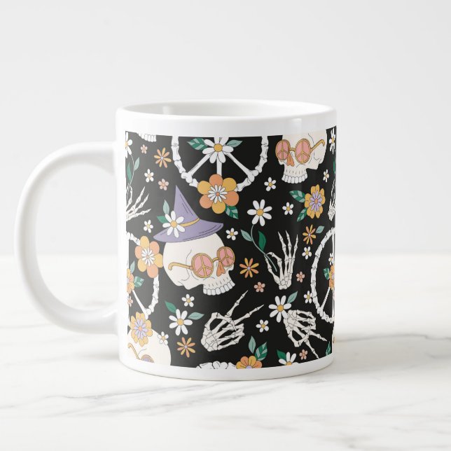 Grande Tasse Hippie Halloween Skulls et Fleurs Motif (Gauche)