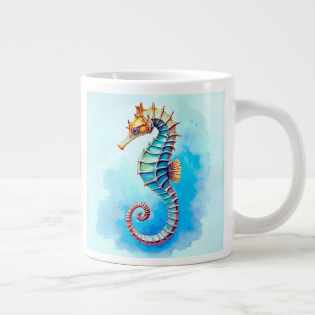 Grande Tasse Hippocampe d'aquarelle sur Turquoise (Droite)
