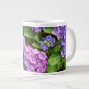 Grande Tasse Hortensias, Bleus, Roses, Mauves, Feuilles Vertes