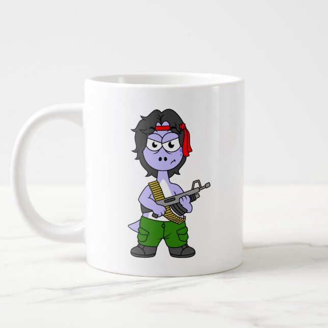 Grande Tasse Illustration D'Un Brontosaurus Habillé En Rambo. (Gauche)