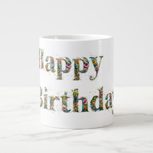 Grande Tasse Joyeux anniversaire Fleurs sauvages et oiseaux tro
