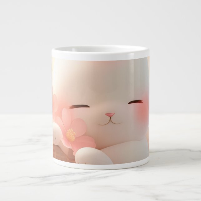 Grande Tasse "Kawaii Animal Coffee Mug - Cute Blush Cat Design" (Devant)