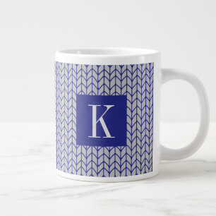 Grande Tasse KNIT BLEU GRIS Grosse Mug Blanc + Initiale II