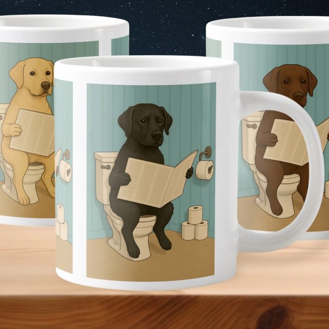 Grande Tasse Labrador Reading Journal on Toilet (Labrador Reading Newspaper on Toilet Giant Coffee Mug by Ricaso. Depicting 3 Labrador breed colors)