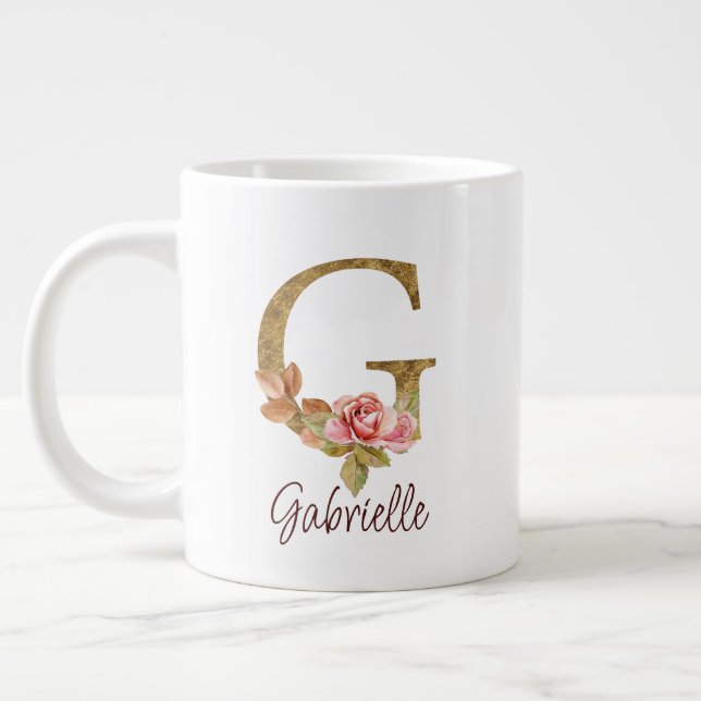 Grande Tasse Lettre de nom personnalisée G Rose poudré Feuille  (Gauche)