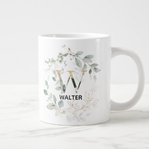 Grande Tasse Lettre W initiale des Feuilles verts Monogramme de
