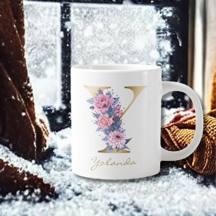 Grande Tasse Lettre Y Monogramme or rose bleu floral