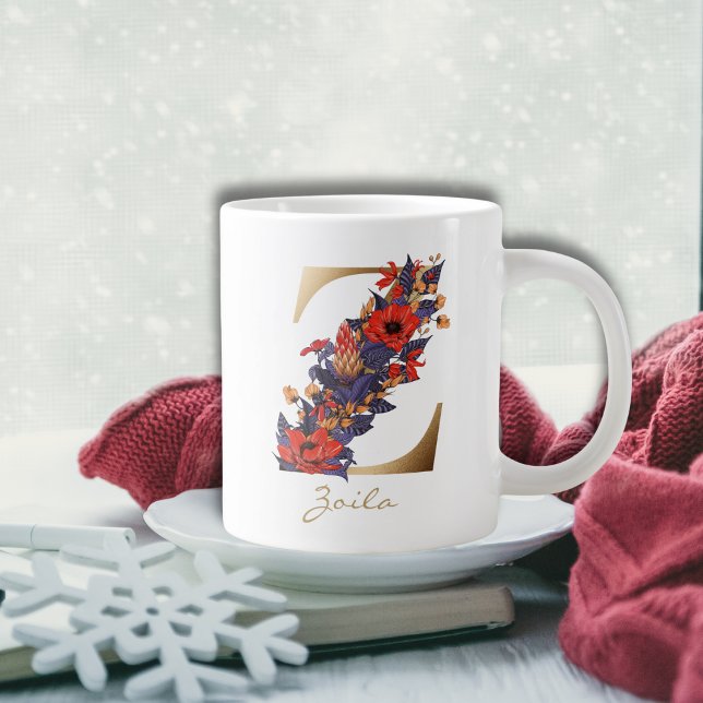 Grande Tasse Lettre Z Monogramme or rouge violet jaune floral (Créateur téléchargé)