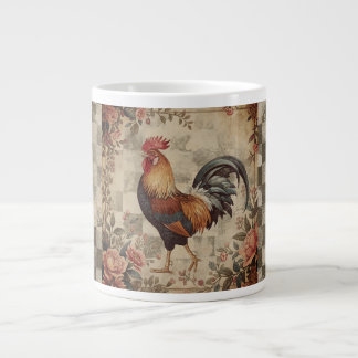 Grande Tasse Lovely Vintage Rooster ,Flowers Pattern, Checke