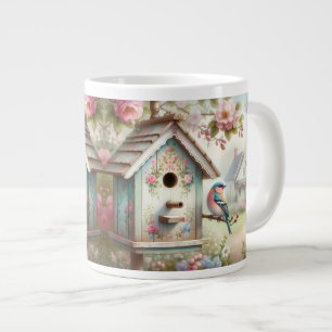Grande Tasse Maison d'oiseau printanière avec fleurs pastel et 
