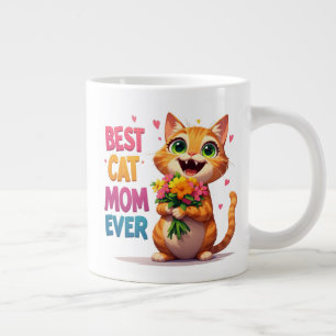 Grande Tasse Maman Chat Adorable Tenant des Fleurs et des Cœurs