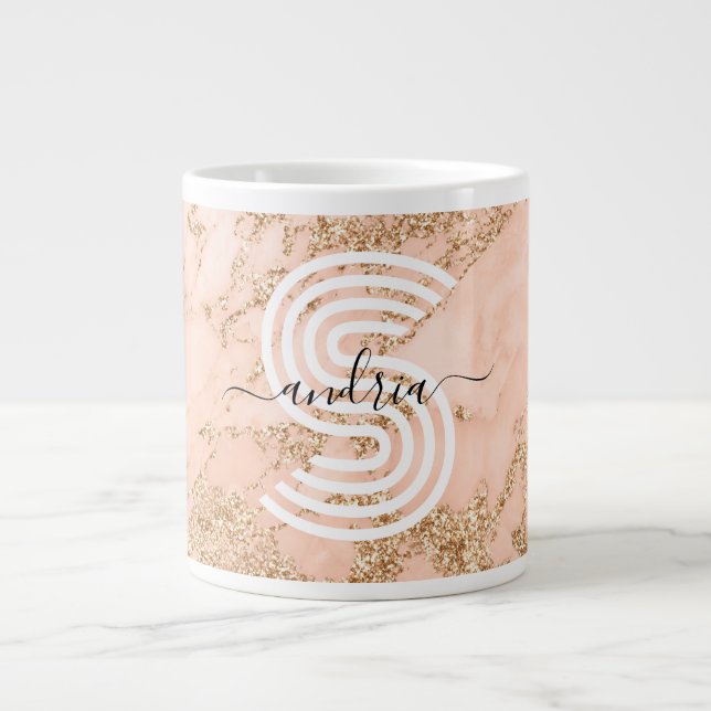 Grande Tasse Marbre rose Parties scintillant or, Nom du script  (Devant)