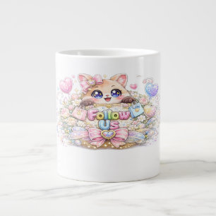 Grande Tasse Mignon Kawaii Suivez-Nous Chat Pastel Rose Réseaux