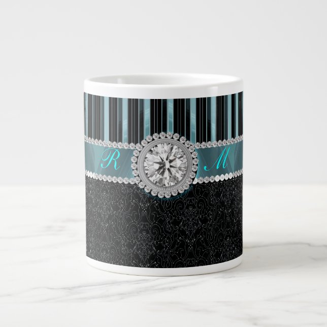 Grande Tasse Monogramme de diamant de Teal, argenté et noir (Devant)