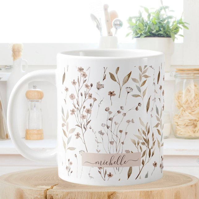 Grande Tasse Monogramme Delicate Fleurs sauvages Brown Feuilles (In situ)