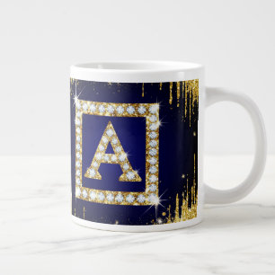 Grande Tasse Monogramme doré initial A avec paillettes bleues