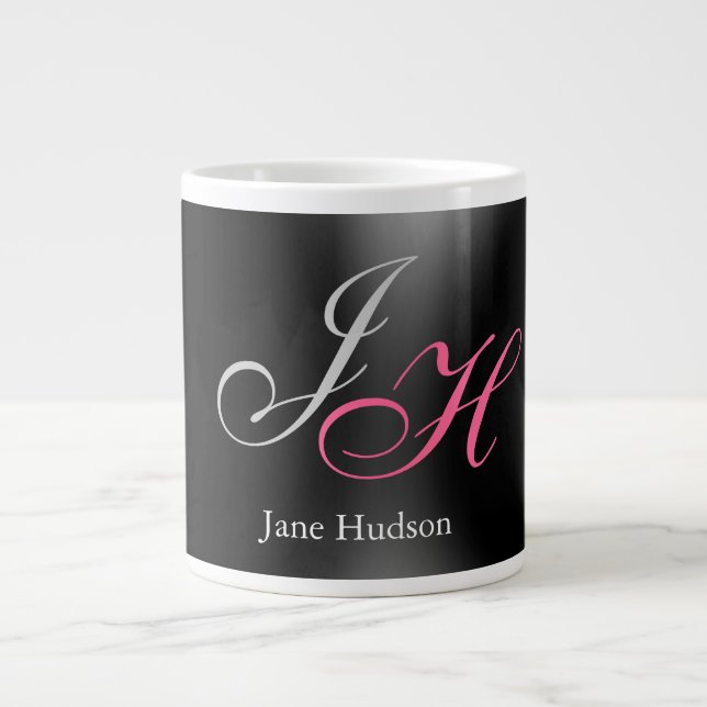 Grande Tasse Monogramme gris noir Nom Lettres initiales Script (Devant)