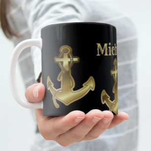 Grande Tasse Monogramme Nom Black & Faux Gold Ancre nautique
