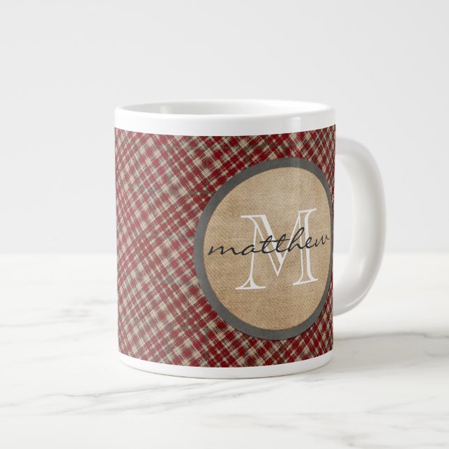 Grande Tasse Monogramme rouge d'arrière - plan de plaid (Devant droit)