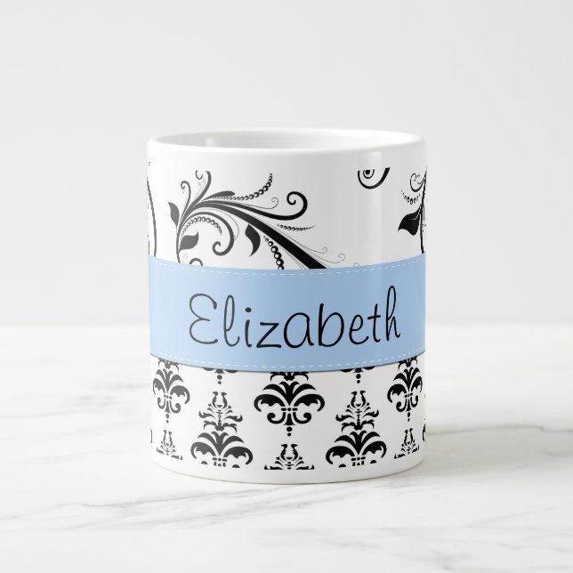 Grande Tasse Motif Damas, Damas noir et blanc, Votre nom (Devant)