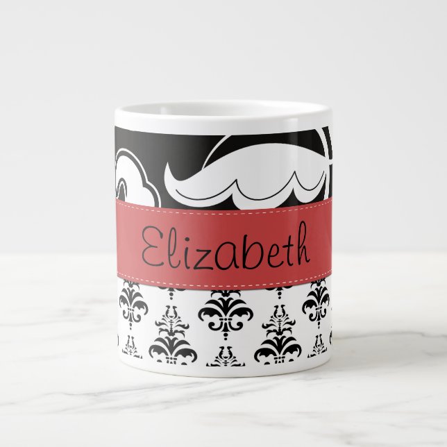 Grande Tasse Motif Damas, Damas noir et blanc, Votre nom (Devant)