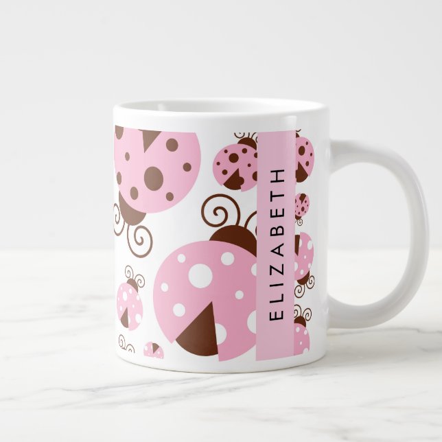 Grande Tasse Motif De Ladybugs, Ladybugs Rose, Votre Nom (Droite)