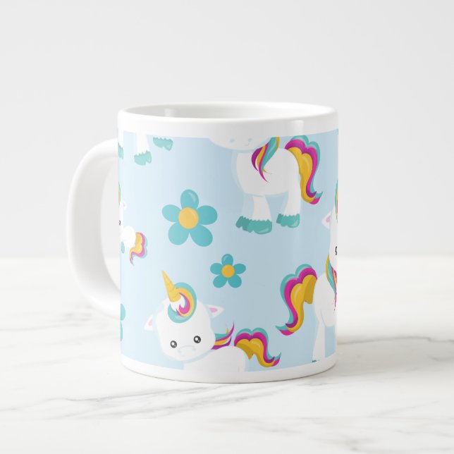 Grande Tasse Motif D'Unicornes, De Mignons Unicornes, Fleurs (Devant gauche)