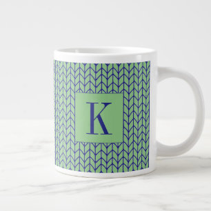 Grande Tasse Mug Blanc Grand Tricot BLEU VERT + Initiale