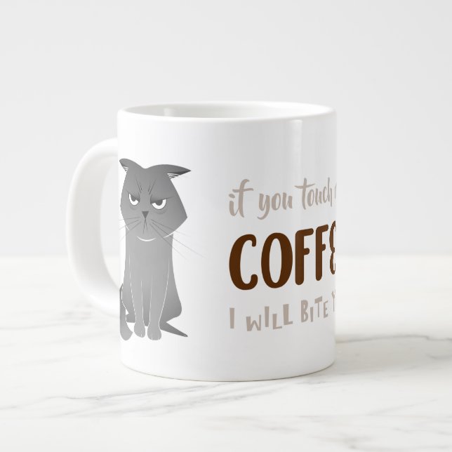 Grande Tasse Mug de chat drôle - Chat gris grincheux (Devant gauche)