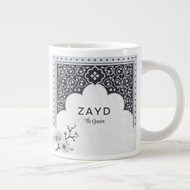 Grande Tasse Mug Élégant Arabesque pour Mariage | Noir & Blanc (Droite)