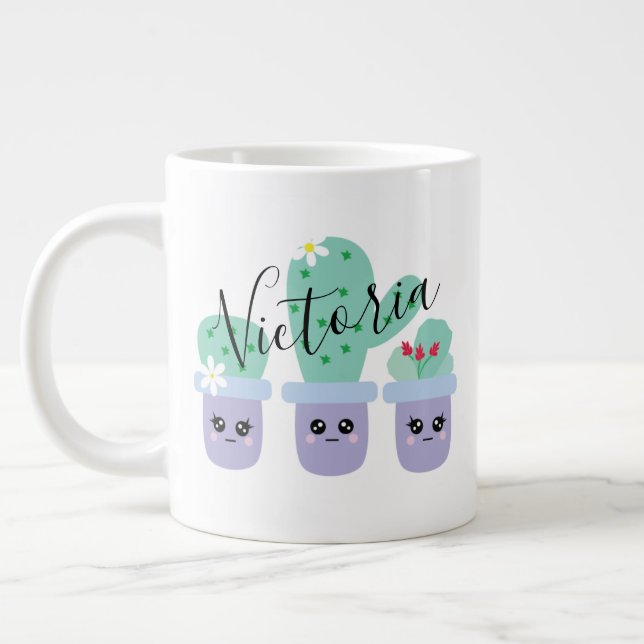 Grande Tasse Mug Géant Café avec Nom Mignon Cactus en Pot (Gauche)