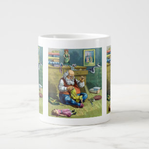 Grande Tasse Noël vintage, le Père Noël fabriquant des poupées