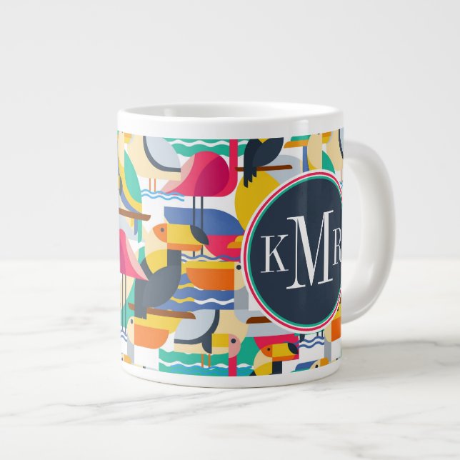 Grande Tasse Oiseaux tropicaux géométriques| Monogramme (Devant droit)