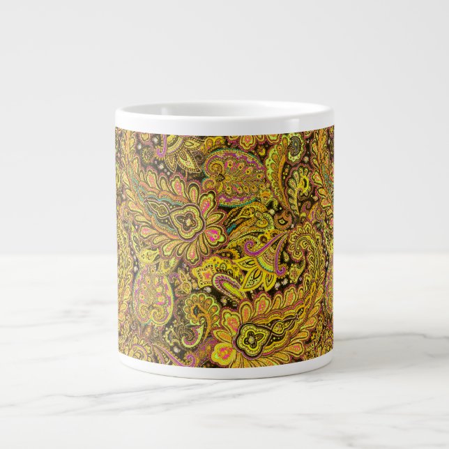 Grande Tasse Paisley Motif in Yellow, Brown on Black Background (Devant)