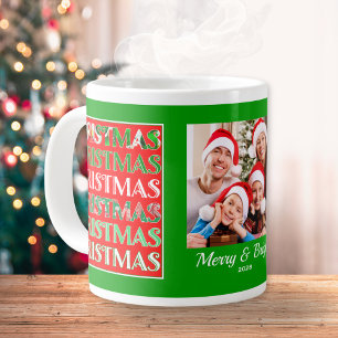 Grande Tasse Photo de Noël personnalisé rouge vert festif