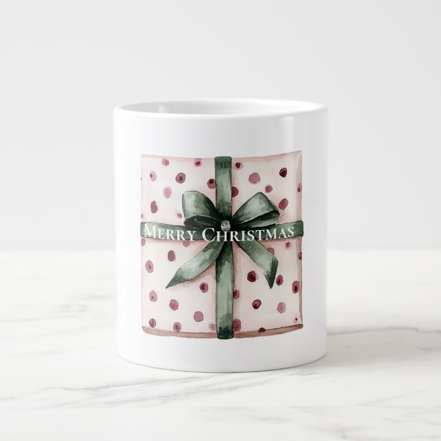 Grande Tasse Points roses de Noël Ruban vert & Bow (Devant)