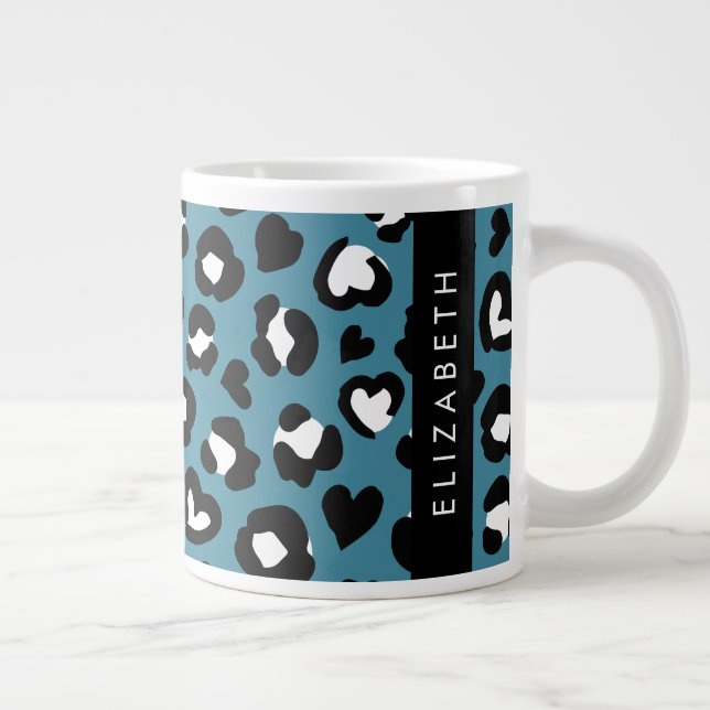 Grande Tasse Poster de animal, Léopard Bleu, Coeurs, Votre Nom (Droite)