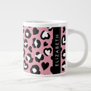 Grande Tasse Poster de animal, Léopard Rose, Coeurs, Votre Nom