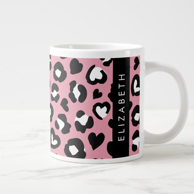 Grande Tasse Poster de animal, Léopard Rose, Coeurs, Votre Nom (Droite)
