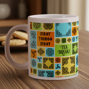 Grande Tasse Premières Choses Première Pause Thé! Magenta et bl