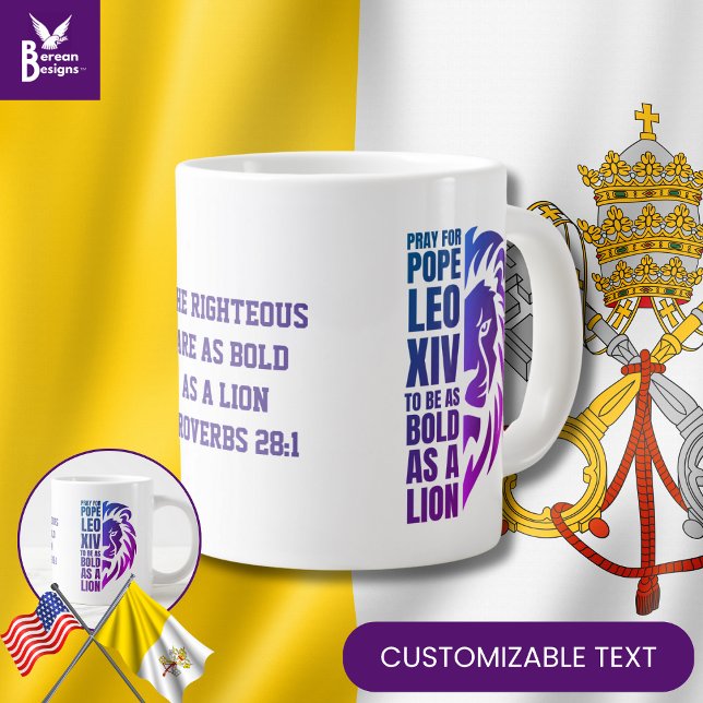 Grande Tasse Priez pour le PAPE LEO XIV Bold Lion Christian Cat (Celebrate the new pope w/ this PRAY FOR POPE LEO XIV mug w/ CUSTOMIZABLE TEXT. Great Catholics gift)